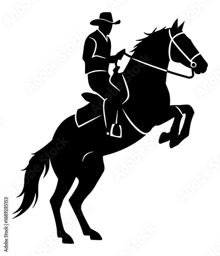 Cowboy Riding Rearing Horse in Wild West Rodeo Event Black and White Outline Line Art Drawing