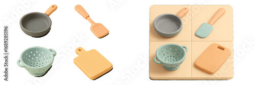 Childrens toy kitchen utensil set with frying pan, colander, spatula, and cutting board in a modern pastel color palette
