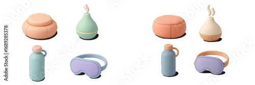 Collection of modern wellness and self-care items in pastel colors featuring a pouf, aroma diffuser, water bottle, and sleep mask