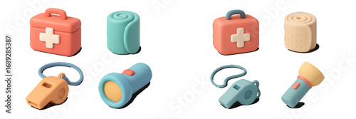 Set of emergency preparedness and survival gear icons featuring a first aid kit, medical bandage, flashlight, and safety whistle isolated on a white background