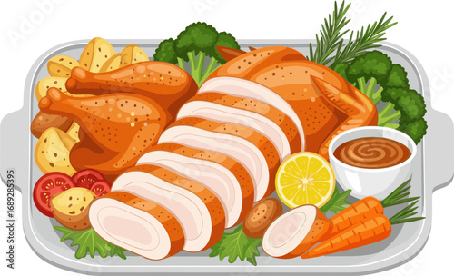 Sliced Roast Turkey(七面鳥) Platter with Vegetables Vector