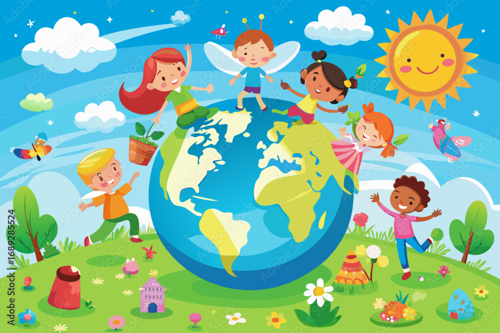 Naklejka premium Children of the world celebrating together on a happy planet