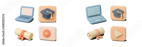 E-learning icon collection with 3D plasticine style laptop, graduation cap, diploma scroll, and video play button for online university courses