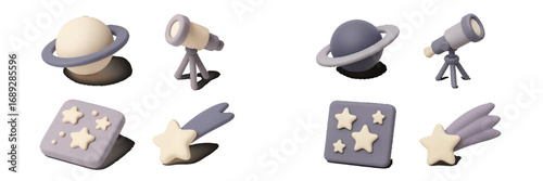 Set of 3D astronomy icons with a ringed planet, telescope, shooting star, and constellation rendered in a soft pastel color palette