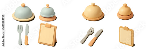 3D restaurant icon set with cloche, cutlery, reception bell, and menu board in a minimalist pastel style isolated on a white background