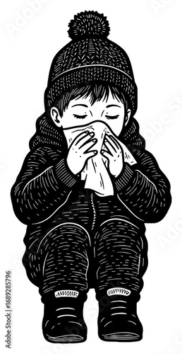 Sick Little Boy Blowing His Nose with a Tissue Wearing Winter Clothes Black and White Outline Line Art Drawing