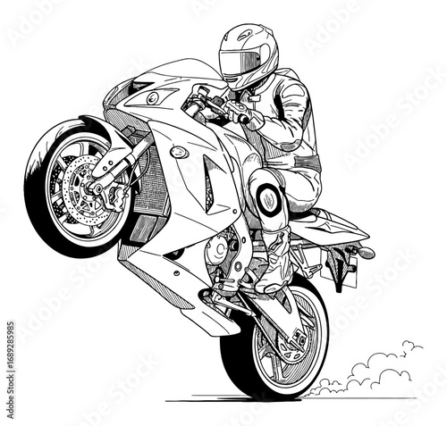 Motorcyclist in Leather Suit on Sportbike Doing Wheelie Coloring Book Black and White Outline Line Art Drawing