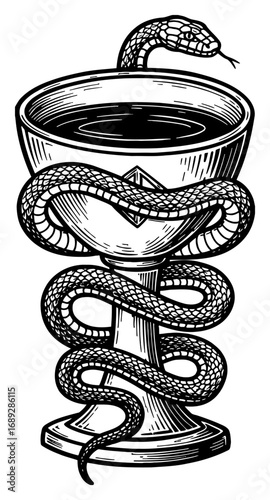 Snake Coiling Around a Simple Medieval Grail with Dark Liquid Black and White Outline Line Art Drawing
