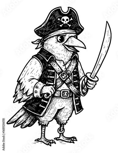 Cute Crow Pirate Character Holding Sword in Cartoon Style Black and White Outline Line Art Drawing Illustration