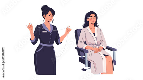 Two women interacting one standing in a uniform the other seated in a chair