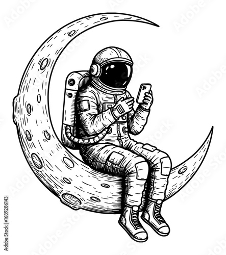 Astronaut Sitting on a Crescent Moon Playing Phone Black and White Outline Line Art Drawing Illustration