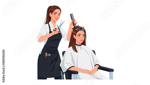 Skilled hairstylist meticulously cuts and styles a client s long brown hair in a professional salon setting