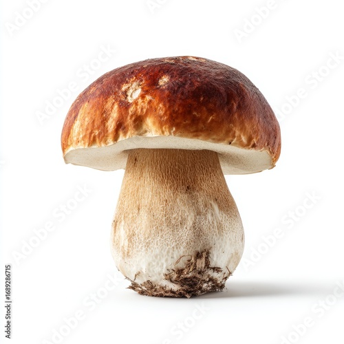 A single, fresh mushroom, with a light brown cap and a thick stem, isolated. This is a culinary delight