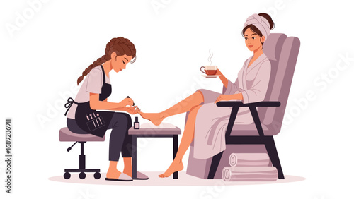 Woman relaxing with a pedicure in a spa while enjoying a drink and wearing a robe