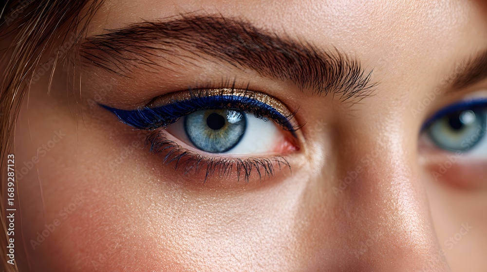 Obraz premium Close-Up Portrait of an Eye with Vibrant Blue Eyeliner and Glittering Makeup Details