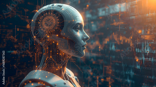 Advanced female android thoughtfully observes vibrant futuristic digital network, glowing circuits illuminating intricate design. Intelligent AI concept embodies innovation and future