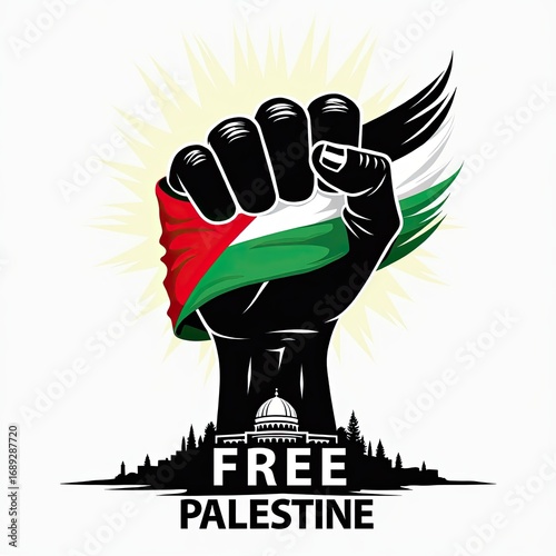 Fist holding palestinian flag with free palestine text and silhouette of alaqsa mosque, isolated on white background
