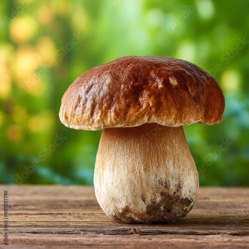 A close-up shot of a single brown mushroom, set against a blurred green background. It's displayed on a wooden table
