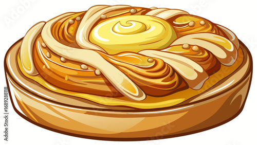 Golden flaky Danish pastry with custard center and sugar glaze shines elegantly. Isolated white background showcases Scandinavian craftsmanship, buttery indulgence, and global appreciation of Denmark’