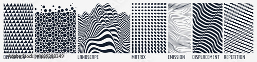 Background of many triangles. Wavy pattern with optical illusion. Grid surface. Texture. Black ovals on white backdrop. Mountain peak. Cover design template. Vector illustration.