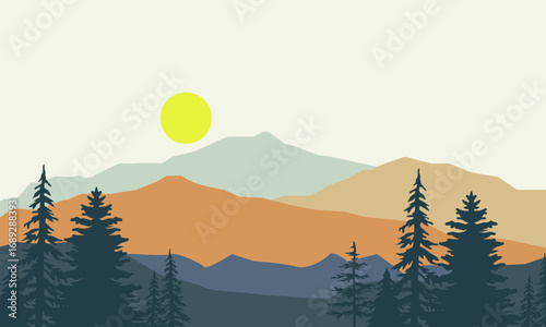 Illustration of a Panorama of Mountains with Trees