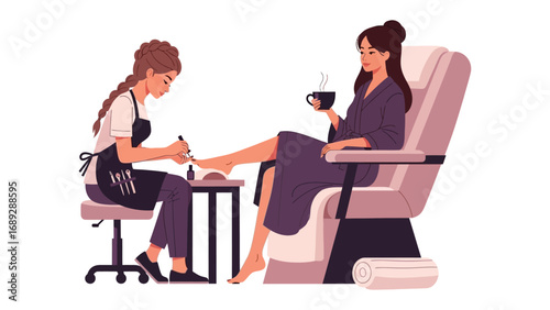 Woman receiving a professional pedicure while relaxing in a comfortable salon chair holding a drink