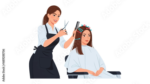 Professional hairstylist carefully cutting and styling a client s long brown hair with scissors and comb