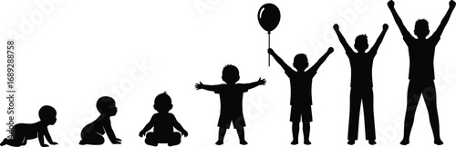 lhouette evolution of child growth from baby crawling to teenager raising hands, stages of childhood development, isolated vector illustration on white background