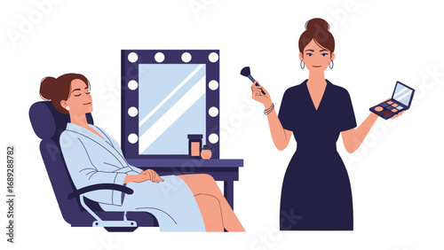 Professional makeup artist applying cosmetics to a client in a beauty studio with a lighted vanity mirror