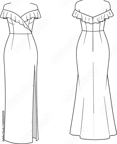 Off shoulder ruffle evening dress, long slit gown front back view, fashion flat sketch, technical dress drawing, CAD vector illustration