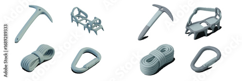Set of mountaineering and ice climbing equipment including ice axe, crampons, rope, and carabiner isolated on white background