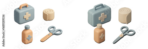 Set of 3D isometric first aid icons including a medical kit, bandage, antiseptic bottle, and scissors isolated on a white background