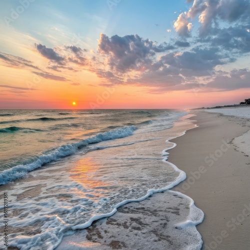 Serene beach sunset with vibrant orange sky reflecting on gentle ocean waves