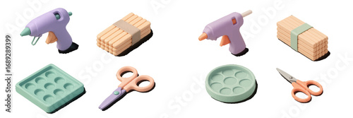 Isometric set of DIY craft supplies including hot glue gun, scissors, popsicle sticks, and paint palette on a white background