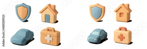 Comprehensive 3D insurance icon set featuring symbols for home, car, health, and property protection against financial risk
