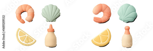 Minimalist 3D seafood icon set with shrimp, seashell, lemon, and sauce bottle for restaurant menu or web design isolated on a white background