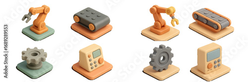 Isometric industrial automation icon set with robotic arm, conveyor belt, and factory machinery elements for technology and manufacturing concepts