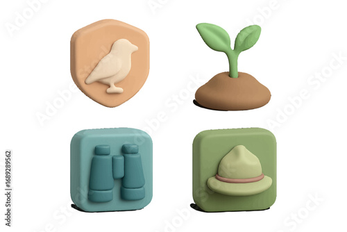 3D nature and exploration icon set with bird on shield, plant sprout, binoculars, and ranger hat for conservation and wildlife themes