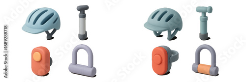 Bicycle accessories collection with helmet, pump, lock, and bell in a modern minimalist style for cycling safety and maintenance