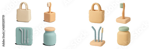 3D icon set of eco-friendly reusable products for a sustainable lifestyle, including a tote bag, toothbrush, and drinking straws