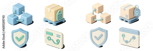 3D symbols for logistics, supply chain management, e-commerce, and blockchain technology representing package tracking and security