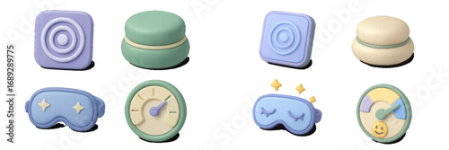 Collection of 3D style icons in pastel colors with sleep mask, target, cosmetic cream jar, and mood tracker gauge for UI and UX design elements