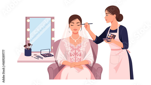 Bride receiving professional makeup application from a skilled artist in a well lit dressing room before her wedding ceremony