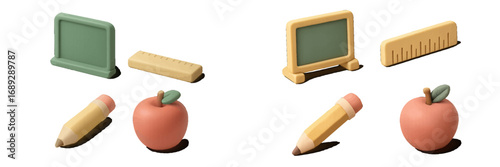 3D plasticine style school supplies icon set with apple, pencil, ruler, and blackboard for education and learning concepts