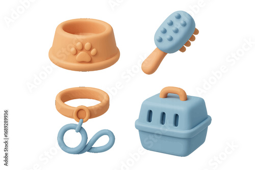 3D pet care accessories icon set with food bowl, grooming brush, collar with leash, and travel carrier for dog or cat care