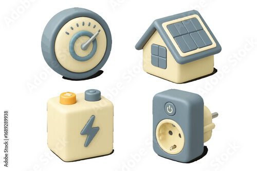 Smart home energy management symbols with solar panel house, battery storage, smart plug, and electricity consumption meter