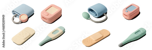 Isometric medical equipment set with thermometer, pulse oximeter, blood pressure cuff, and adhesive bandage in pastel colors