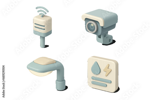 Smart city technology collection with security camera, street light, wireless sensor, and utility meter for urban infrastructure