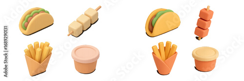 Set of 3D minimalist fast food icons with taco, french fries, skewer, and sauce container isolated on a white background