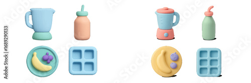 3D style kitchen appliances and healthy food ingredients including a blender, bottle, banana, and blueberries for making nutritious smoothies